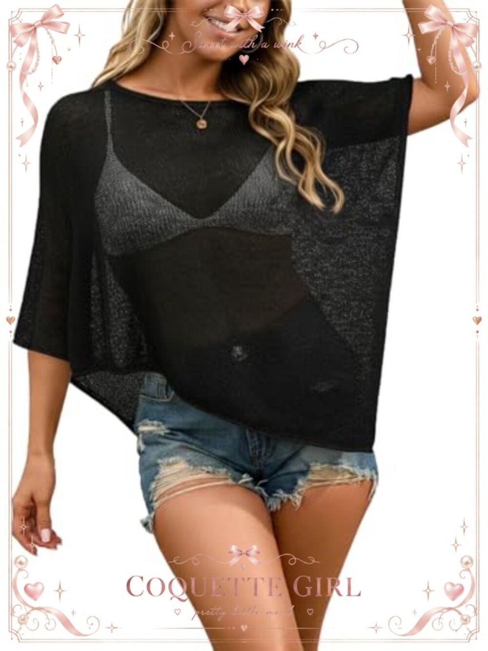 Sheer Knit Asymmetrical Poncho Cover Up Women Lightweight Mesh Cape